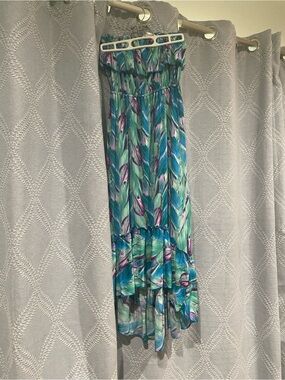 Teal & Purple Leaf-Print High-Low Dress
